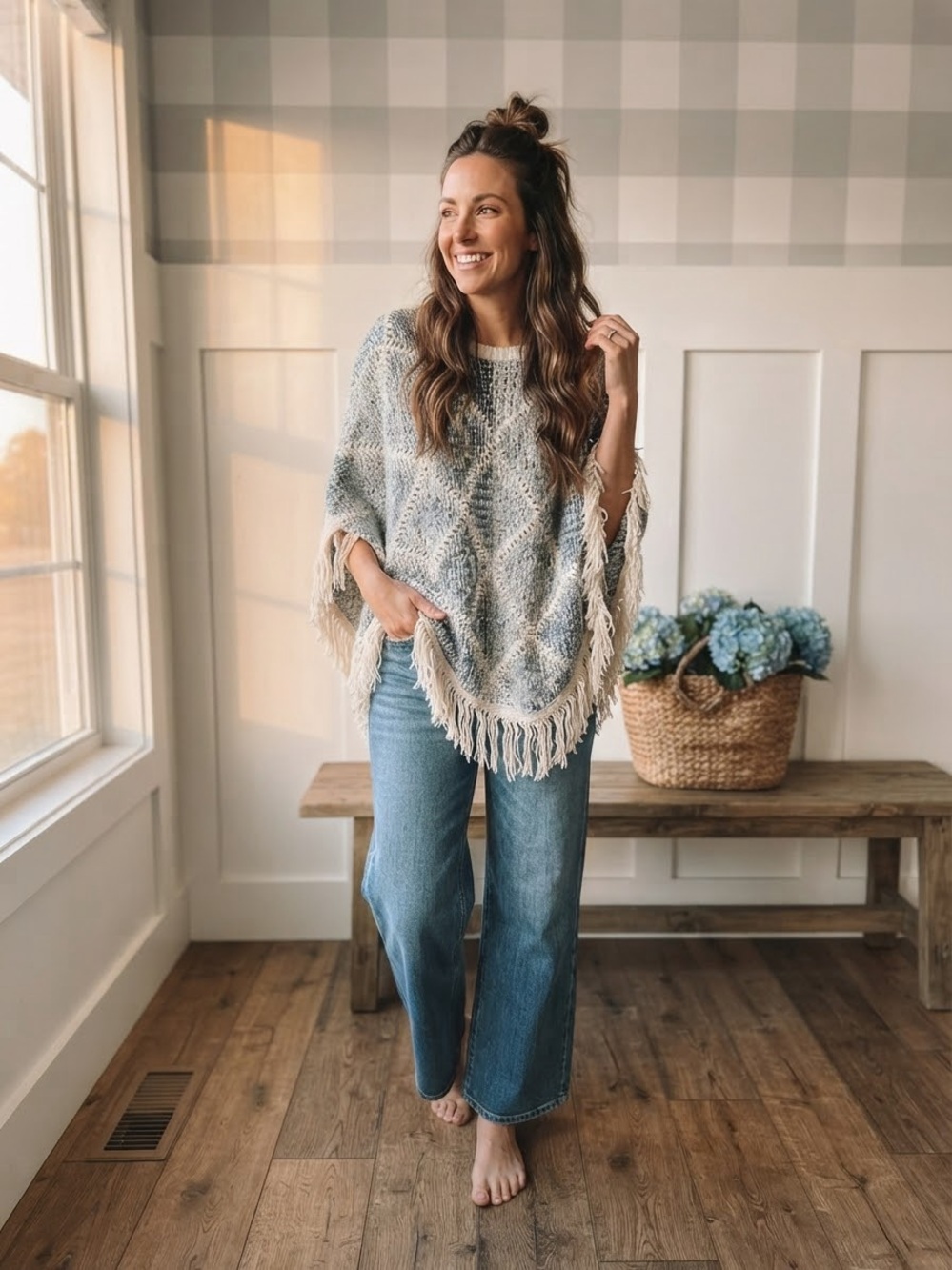 Fringed Knit Poncho Sweater in Light Blue & Cream